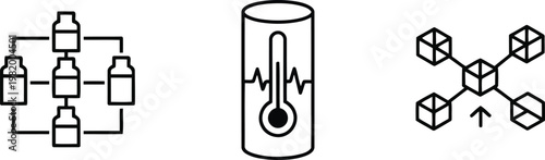Vector of Minimalist outline icon set depicting medicine bottles and temperature monitoring and a network structure