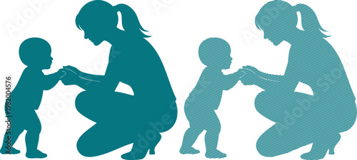 Teal silhouette of mother helping baby walk at different stages walking