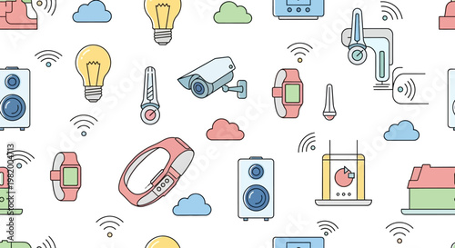 Seamless pattern of colorful smart home technology icons on white background.