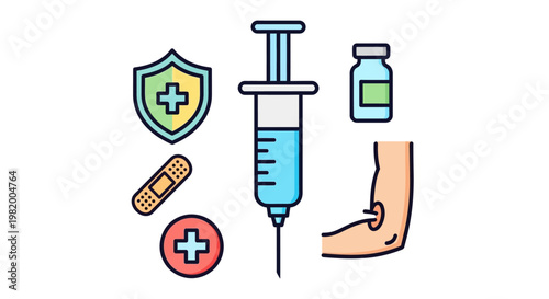 Illustration of vaccination concept with syringe, vaccine vial, arm, and health icons.