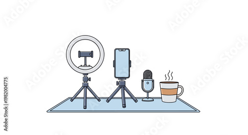 Modern podcasting setup with smartphone, microphone, ring light, and coffee cup on a mat.