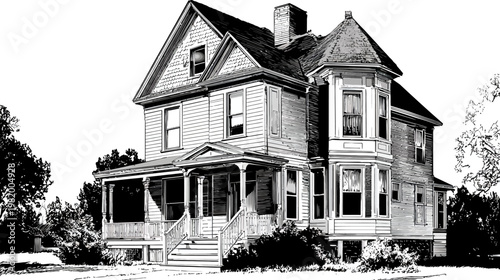 A detailed illustration of an old Victorian house with multiple windows and a porch