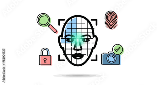 Conceptual illustration of facial recognition technology with biometric security icons.