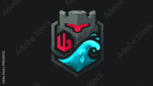 Abstract emblem design with waves and fortress element on dark background
