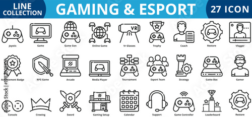 Gaming & esport icon set outline style icon set collection vector illustration