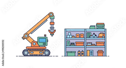 Illustration of an automated robotic arm working in a warehouse environment.