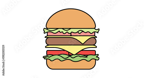 Colorful cartoon illustration of a classic cheeseburger with lettuce tomato and cheese.
