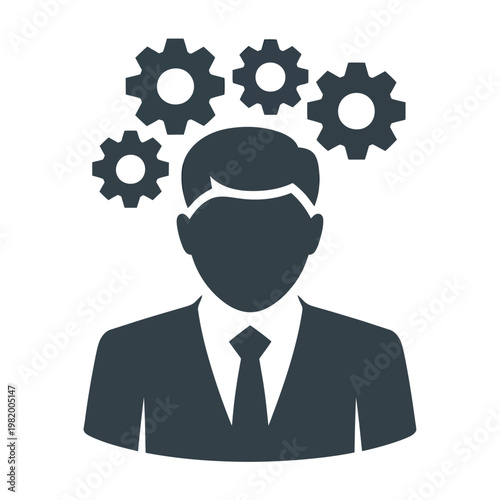 Vector graphic of a businessman with gears in his head representing innovative thinking and problem solving