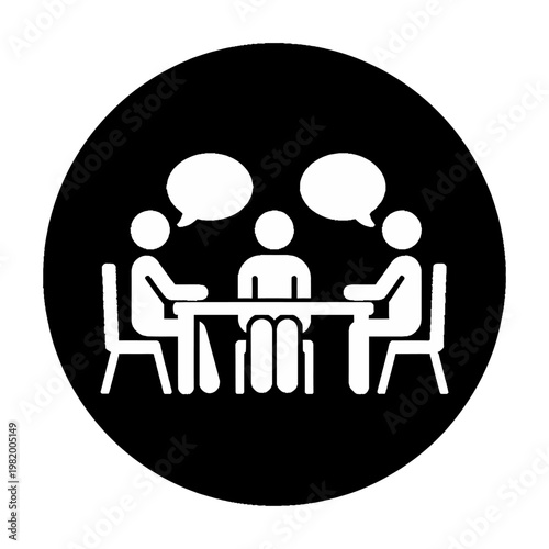 Vector graphic illustration of three people sitting at a table with speech bubbles above their heads in a modern circular design