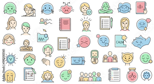 Collection of colorful medical and mental health icons with various emotions and healthcare symbols.