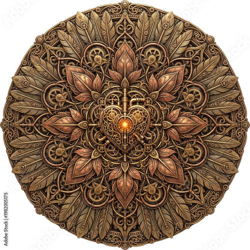 Wallpaper Mural Intricate bronze-colored metal mandala design with floral patterns and a central orange gemstone on a white background. Torontodigital.ca