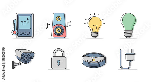 Set of modern smart home and electronic device icons with colorful outlines.