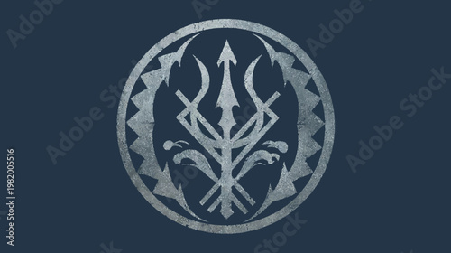 Abstract emblem with trident symbol and decorative elements on a blue background