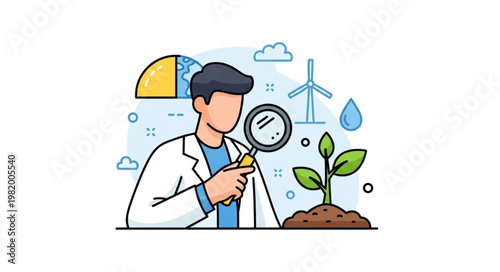 Scientist examining a plant with a magnifying glass.