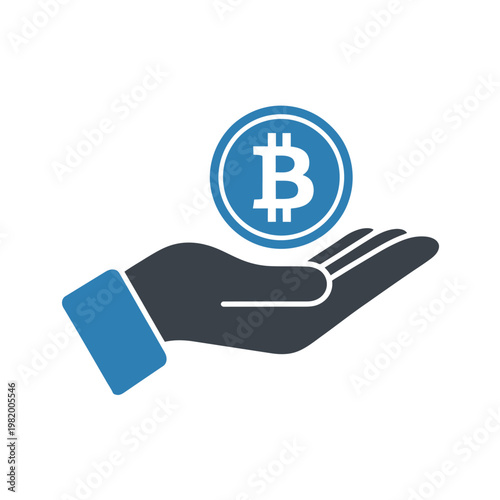 Vector graphic of a hand holding a bitcoin, symbolizing cryptocurrency and digital finance.