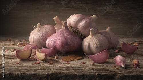 Several bulbs and cloves of purple-tinged garlic rest upon a weathered wooden surface in dramatic lighting.