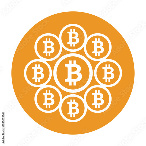 Vector graphic of bitcoin symbols arranged in a circular pattern on an orange background with white space.