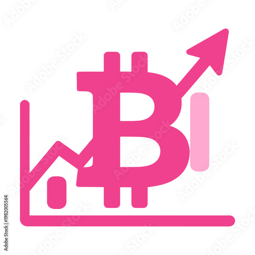 Vector graphic of a pink bitcoin symbol with an upward arrow indicating growth and a line graph in the background.