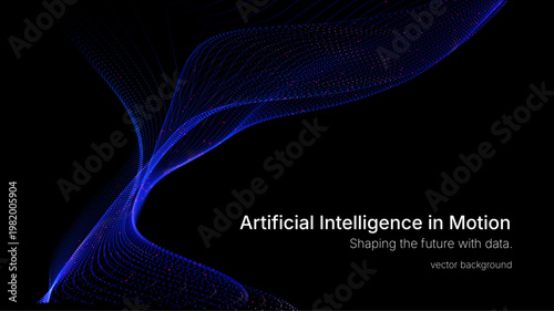 Abstract futuristic blue wave with floating particles and flowing lines on black vector background. Data flow concept for professional finance report, consulting pitch, e-learning, corporate banner