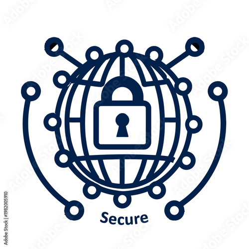 Vector graphic illustration of a secure globe with a padlock and connected lines representing cybersecurity and data protection.