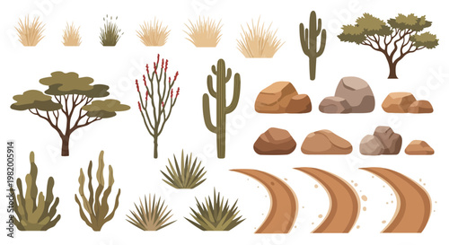 Desert Landscape Elements Vector Set with Cacti, Trees, Rocks, Grass, and Dirt Paths