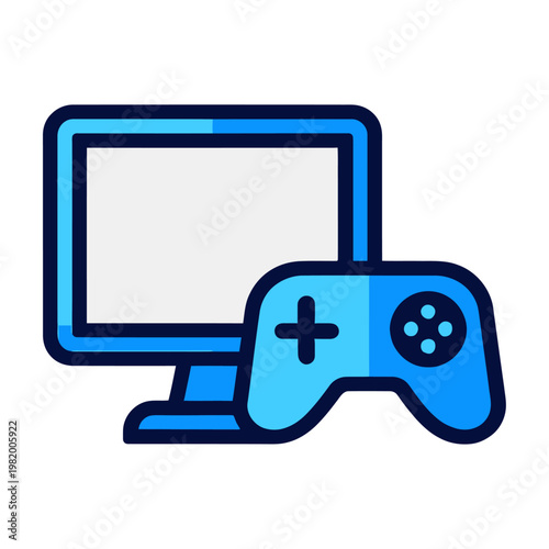 Vector graphic of a computer monitor and a game controller with blue accents