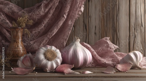 Various bulbs and peeled segments of an allium vegetable rest upon aged wooden planks beside a decorative container.