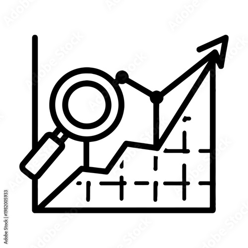 Vector graphic illustrating business growth and analysis with a magnifying glass over a line graph showing an upward trend