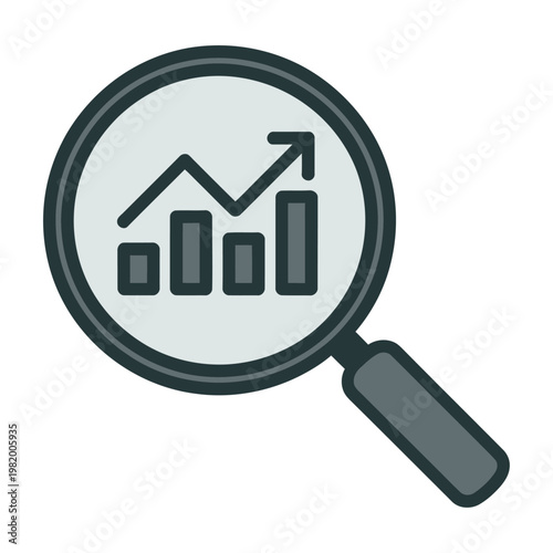 Vector graphic of a magnifying glass with a growing graph inside, symbolizing data analysis and research.