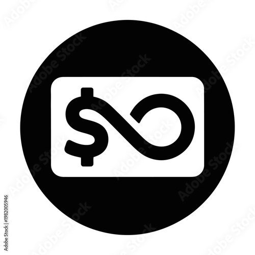 Vector graphic of a dollar sign combined with an infinity symbol in a black circle