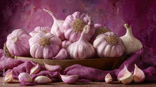 Numerous bulbs and cloves of purple and white allium arranged in a rustic setting with rich fabric.