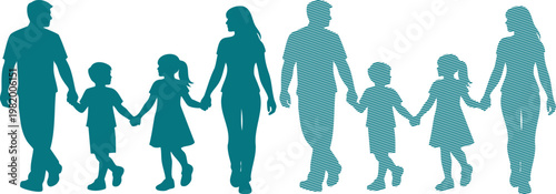 Teal silhouettes of adults and children holding hands in a line family