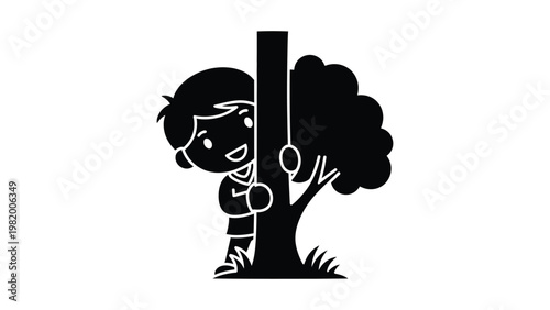 a cartoon child hiding behind a tree.