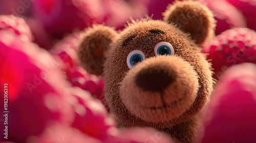 Fluffy cartoon bear cub peeks out from vibrant magenta background elements