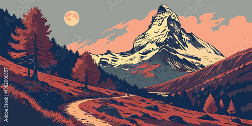 Cinematic landscape collection featuring mountain sunsets, tropical moonlit jungles, coral reefs, and astronaut on alien planet, vector