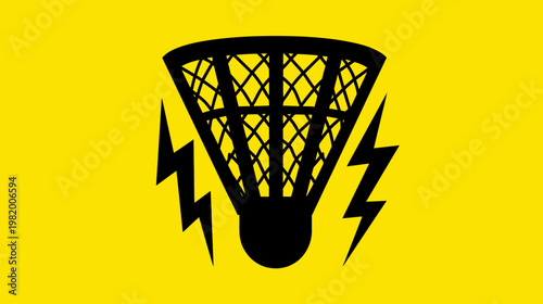 Abstract illustration of a badminton shuttlecock with lightning bolts on yellow background