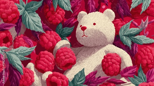 Fluffy white toy animal surrounded by vibrant red fruit and foliage creates a rich textile pattern