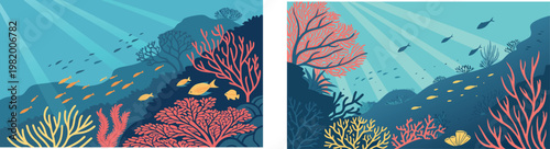 Cinematic landscape collection featuring mountain sunsets, tropical moonlit jungles, coral reefs, and astronaut on alien planet, vector