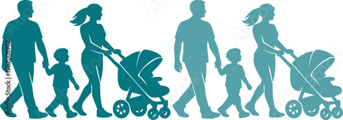 Teal silhouettes of families walking with strollers and children family parent
