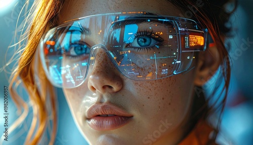 Futuristic woman with augmented reality glasses in a high-tech environment.