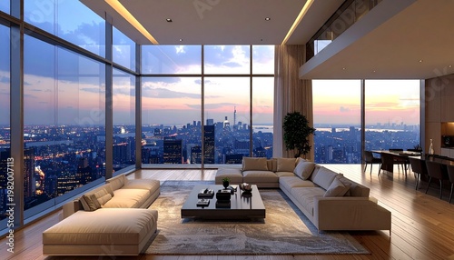 Luxury penthouse apartment with panoramic city views at sunset.