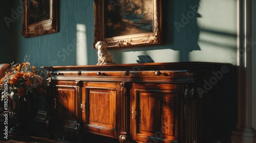 Ornate wooden credenza illuminated by dramatic natural light in an elegantly decorated room