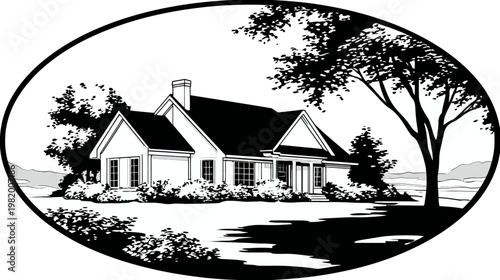 Black and white illustration of a house with trees and shrubs in a circular frame