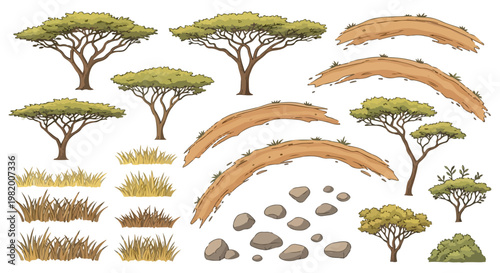 Set of African Acacia Trees, Savanna Grass, and Dirt Roads Vector Elements