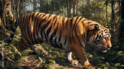 Majestic tiger resting in lush forest habitat with sunlight
