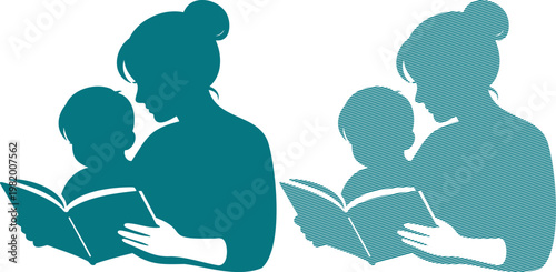 Mother and child silhouette reading a book together in teal baby