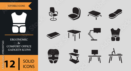 Ergonomic and comfort office gadgets icons set for business