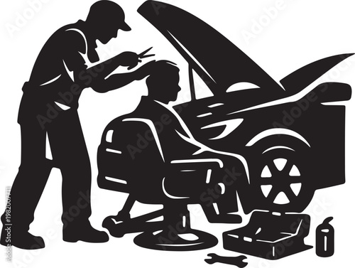 A man getting a haircut while sitting in a chair next to a car Vector