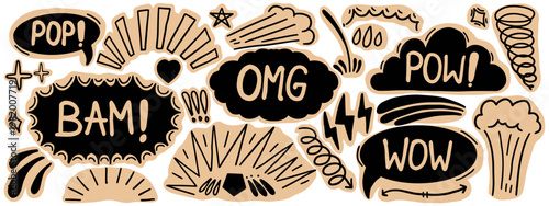 Comic speech bubbles and sound effects vector set. Hand drawn Retro Pop Art doodle elements. Comic Explosion Bubbles, Comic book style speech clouds and action symbols