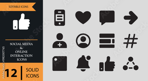 Collection of social media and online interaction icons in solid style